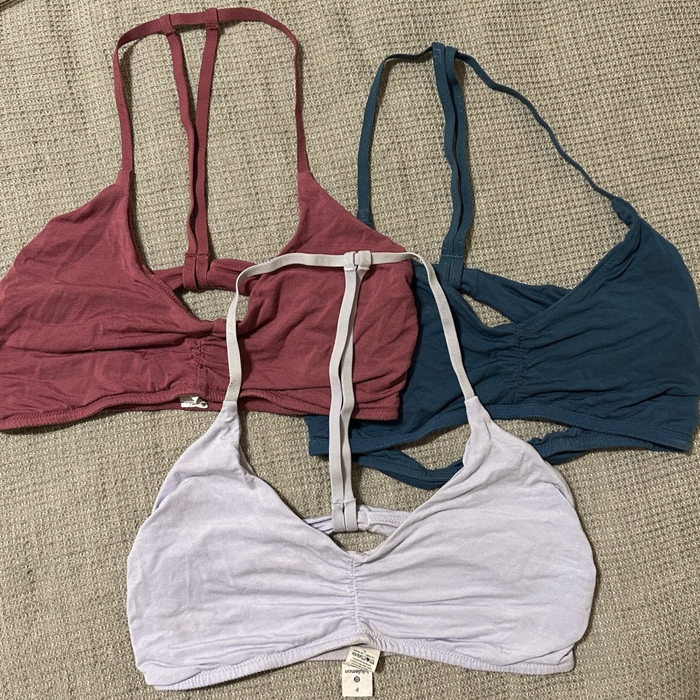 Set of 3 Lululemon Open Back Bralette Size Small - Dark Pink, Lilac, Blue